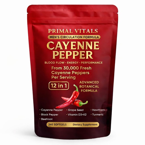 [BRSRGAA7PMPG2236] Primal Vitals Cayenne Pepper Softgels - Apex Vitals 12-in-1 Botanical Blend with Grape Seed, Hawthorn, Turmeric, Beetroot, Black Pepper & Vitamin D3 + K2, Wellness & Circulation Support - 240 Softgels