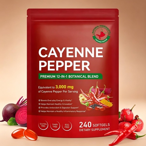 [BRSRGYAOAB7WGELH] Cayenne Pepper Softgels, 240 Count (80 Days Supply) | Non-GMO | with Beetroot, Hawthorn & D3+K2 for Cardiovascular, Circulation & Antioxidant Health