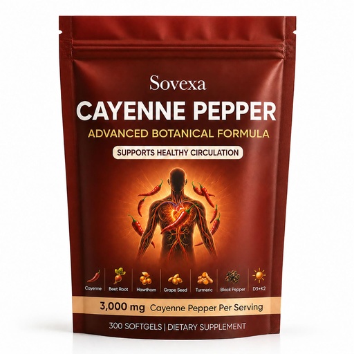 [BRSRGCYDBADWK2TO] Sovexa Cayenne Pepper Softgels, Capsaicina Activa Advanced Botanical Circulation Support Formula for Energy & Cardiovascular Wellness, with D3K2, Grape Seed, Hawthorn, 300 Capsules
