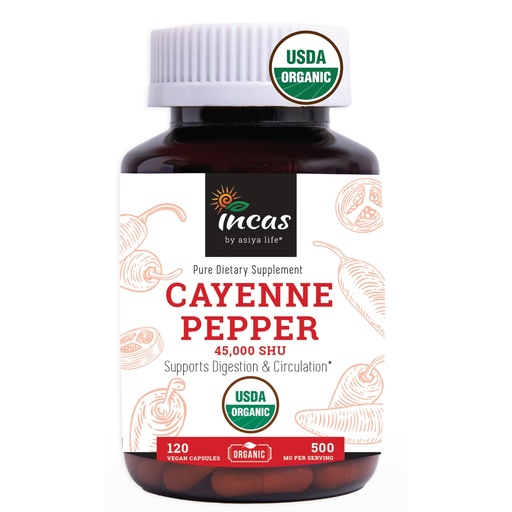 [BRSRAFICDF7QM3YV] INCAS 100% USDA Organic Cayenne Pepper 120 Capsules (500mg) 45,000 SHU Traditional Digestion & Circulation Support Pure, No Additives & Fillers | 120 Servings