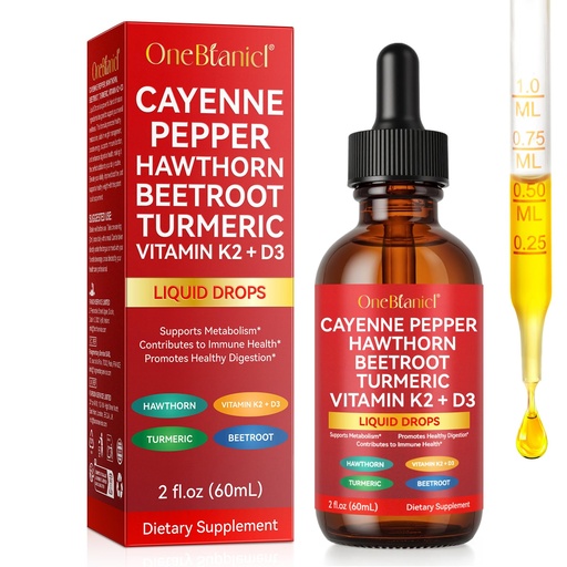 [BRSREGQCBUCGEF36] Organic Cayenne Pepper Drops 60ml, Cayenne Pepper Hawthorn Beet Root Turmeric Vitamin k2 d3, Boosts Metabolism, Aids Digestion, Strengthens Immunity