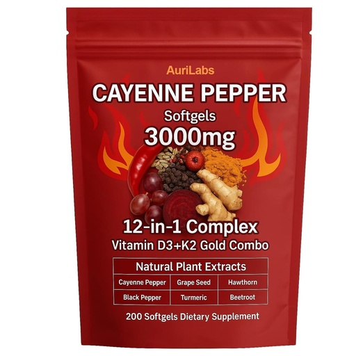 [BRSREGQNCUIREFDV] AuriLabs Cayenne Pepper Softgels Supplement, Supports Leg Vein, Heart and Blood Vessel Health, with Vitamin E D3+K2 and Extracts of Grape Seed, Hawthorn, Beetroot and Others (1)