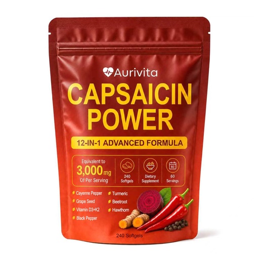 [BRSRGCT7C56WYAD6] Aurivita Capsaicin Power – Cayenne Pepper Softgels, Digestive Health & Circulation Support, 240 Softgels