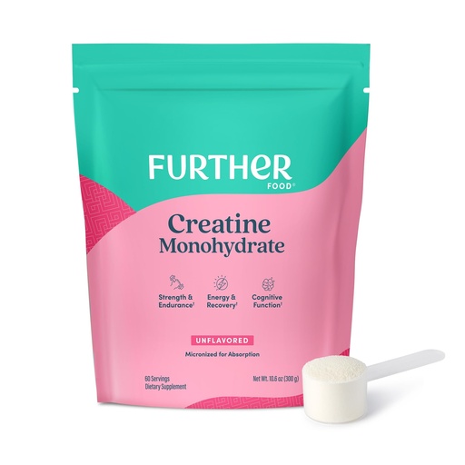 [BRSREBT2DNYBMH3L] Further Food Unflavored Creatine Monohydrate Powder, 100% Pure, Micronized, Sugar-Free, Supports Strength, Energy and Muscle Recovery, 60 Servings, 10.6 Oz