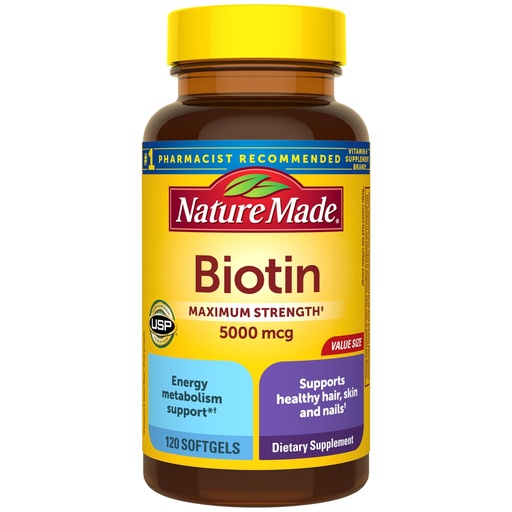 [BRSWIFQ2OYFRGGDO] Nature Made Maximum Strength Biotin 5000 mcg Softgels, Biotin Hair Skin and Nails Vitamins Dietary Supplement, 120 Count