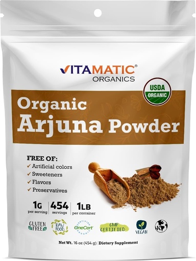 [BRSW2ED7AR5B6CA3] Vitamatic Certified USDA Organic Arjuna Bark Powder – 1 lb (16 oz) Pure Terminalia Arjuna Bark | Supports Heart Health, Circulation & Stress Relief
