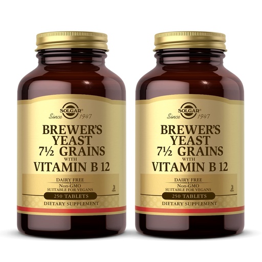 [BRSWIZ3YCMNGIADA] Solgar Brewer's Yeast 7 ½ Grains with Vitamin B12 - 250 Tablets, Pack of 2 - Non-GMO, Vegan, Dairy Free, Kosher - 82 Total Servings
