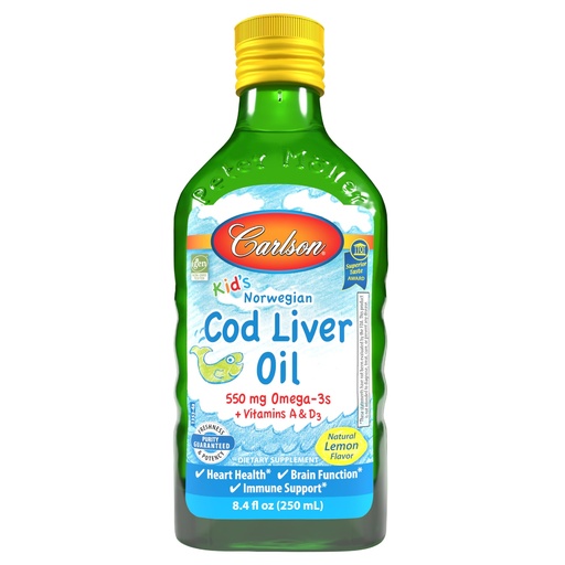 [BRSWIYILOAMWACLU] Carlson - Kid's Cod Liver Oil, 550 mg Omega-3s, Vitamins A & D3, Wild Norwegian, Lemon, 250 mL
