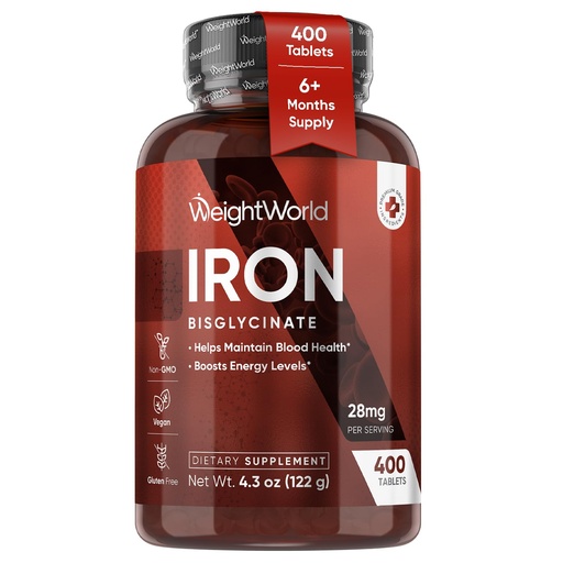[BRSWYFQOO4DQYG36] WeightWorld Chelated Iron Bisglycinate 28mg Tablets for Blood Health & Energy (6-Month Supply) - Gentle Iron Supplement Vegan - 400 Tablets - Ferrous Bisglycinate for Women & Men - Non-GMO