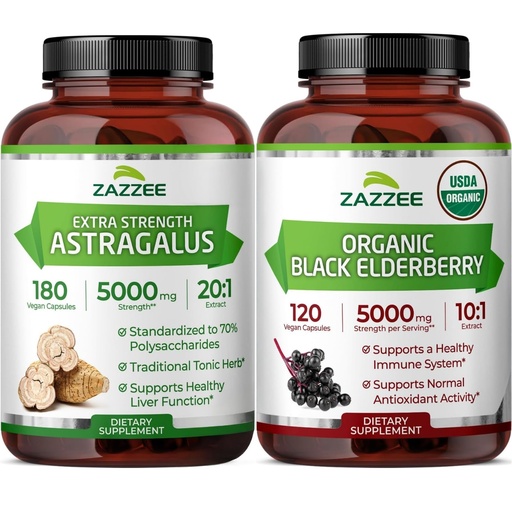 [BRSRECALCEMRADLK] Zazzee Organic Elderberry Extract and Astragalus Root Extract Capsules | 10:1 Sambucus Black Elderberry Plus 20:1 Astragalus | Herbal Immune Support Bundle