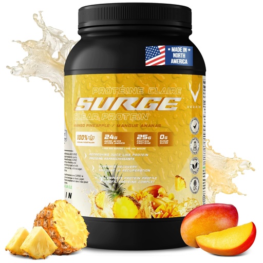 [BRSREH35BYGWYDYU] PRO-SURGE Clear Protein Powder Mango Pineapple Flavor 454g - 30 Scoops, 25g Plant-Based Protein Isolate - Sugar-Free, Dairy-Free, Soy-Free, Gluten-Free Hydration, Clear & Refreshing Juice-Like Drink
