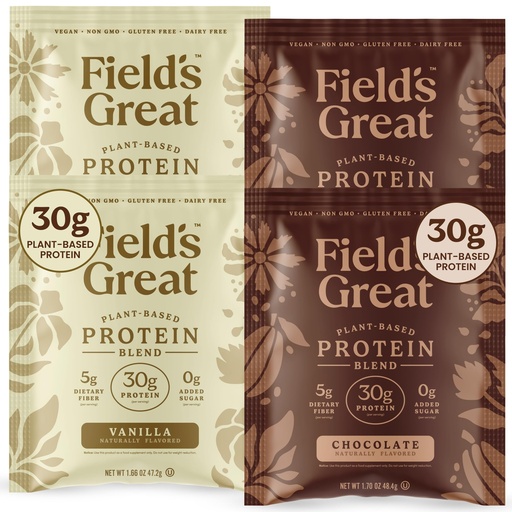 [BRSRG2QFOQCB4YLP] Field's Great Plant-Based Protein with Fiber for Muscle Maintenance, Vegan Protein Powder, Whey Free, Gluten Free, Dairy Free - 30g of Protein and 5g Fiber in Each Serving (Variety -4 Servings)