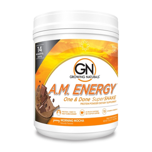 [BRSWGYIYO5YQ233J] Growing Naturals All Natural Plant Based Protein, One & Done Super Shake, 18g Protein with Non-GMO High Fiber and Gluten Free, A.M. Energy 1 Pound (Pack of 1)