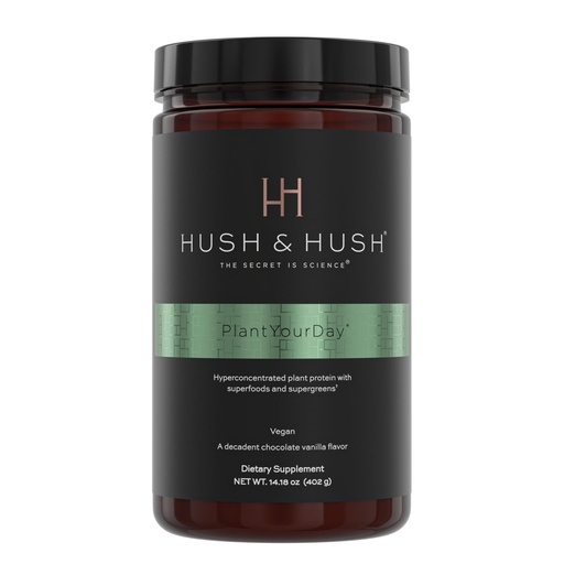 [BRSWGBD3AECW2D3F] Hush & Hush PlantYourDay, Vegan Super Greens with Pea Protein Powder Contains Broccoli, Fiber, Magnesium, Folic Acid, Cinnamon, Psyllium Husk Powder, Prebiotics and Probiotics, Gluten Free - 14.18 oz