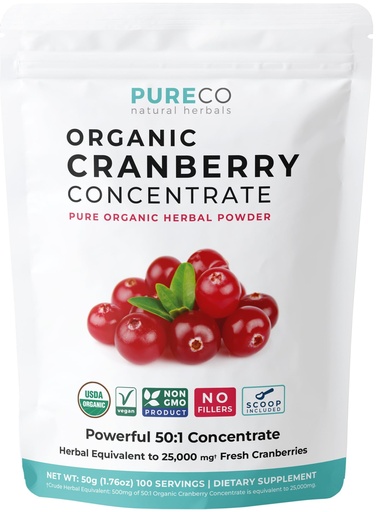 [BRSWGFAKOYMBQAA6] PURE CO USDA Organic Cranberry Concentrate Powder - Organic Cranberry Powder 500mg 50:1 Extract Per 1 Scoop Serving - Kidney Cleanse & Urinary Tract Support for Women - 100 Servings
