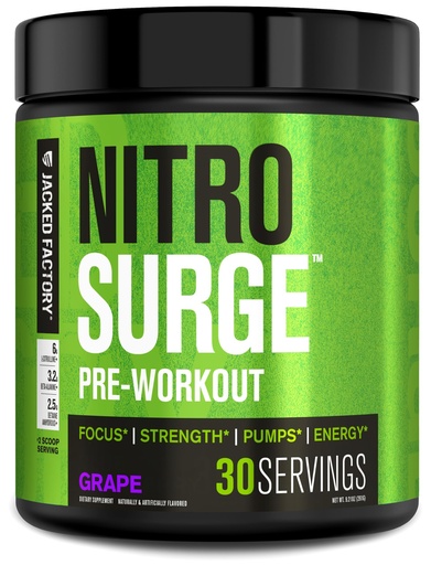 [BRSWYFADBMMGGADO] Jacked Factory NITROSURGE Pre Workout Supplement - Endless Energy, Instant Strength Gains, Clear Focus, Intense Pumps - Nitric Oxide Booster & Powerful Preworkout Energy Powder - 30 Servings, Grape