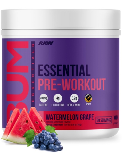 [BRSREFL4OJ6RQYDD] RAW Essential Pre-Workout Powder (Watermelon Grape) - Chris Bumstead Sports Nutrition Supplement for Men & Women - Preworkout Energy Powder with Caffeine, L-Citrulline, L-Tyrosine & Beta Alanine Blend
