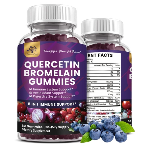 [BRSRAFT2DIHWGGTD] (2 Pack) Quercetin Gummies with Bromelain Zinc Elderberry Vitamin C D3 K2, Quercetin 1000mg Supplement with Bromelain 500mg for Cardiovascular, Immune System & Allergy, Vegan Gummy for Adult & Kid