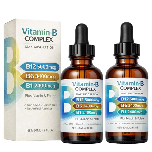 [BRSRGAALOJ6BQHIY] Vitamin B12 Complex Liquid Drops, Sublingual B Complex with B12, B6, B1, Niacin & Folic Acid for Metabolic Health & Energy Support, Vegan | Non-GMO | Gluten Free, 60ml/2 fl oz, 60 Servings (2p)