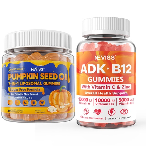[BRSRGCYQBUAQKYDO] NEVISS 2Pack Sugar-Free ADK+Vitamin B12 Gummies with 2Pack Pumpkin Seed Oil Gummies
