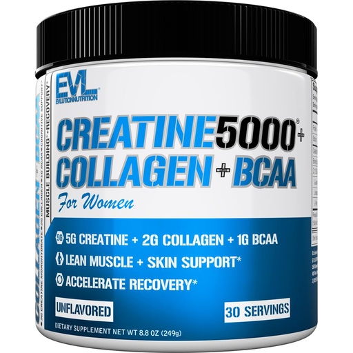 [BRSRE2Q6PMDQKG36] Evlution Nutrition Creatine 5000 + Collagen + BCAA - for Women - Supports Lean Muscle Growth - 5g Creatine Monohydrate, 2g Collagen Peptides & 1g BCAAs Per Serving - 30 Servings - Unflavored Powder
