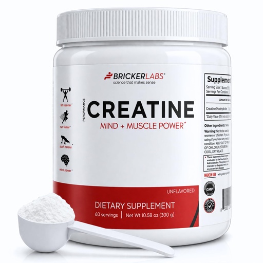 [BRSREH3YAQNRGYIU] Bricker Labs Creatine Monohydrate Powder – 5g Pure Ultra-Fine Creatine per Serving – Muscle Growth, Strength, Endurance & Focus – Unflavored – 60 Servings – Workout & Cognitive Support for Men & Women