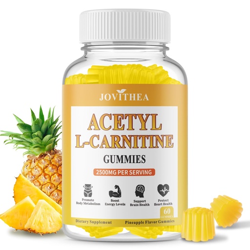 [BRSREYYHAUPQA2AY] Acetyl L-Carnitine Gummies Sugar Free, Premium L-Carnitine Supplement for Women & Men, ALCAR Supplement for Energy, Muscle, Focus & Brain Support, Gluten-Free, Non-GMO, Vegan, Pineapple Flavor, 60 Ct