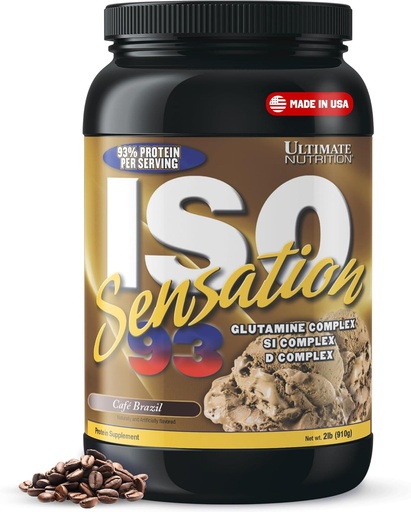 [BRSWIYIODF7WIYLO] Ultimate Nutrition Whey Protein Isolate Powder with Glutamine Complex, ISO Sensation 93 - Whey Protein Powder with Added Colostrum for Enhanced Recovery, Immunity & Gut Health - Cafe Brazil, 2lbs