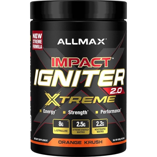 [BRSREBINORYRADT6] ALLMAX - Impact Igniter Extreme V2 High Stim Pre Workout Powder (Orange Krush)