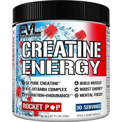 [BRSREEAODEHAGAL3] Evlution Nutrition Creatine Energy - Supports Muscle Growth, Boosts Energy, Endurance & Cognition - 5g Pure Creatine Monohydrate Per Serving - B + C Vitamin Complex - 30 Servings - Rocket Pop