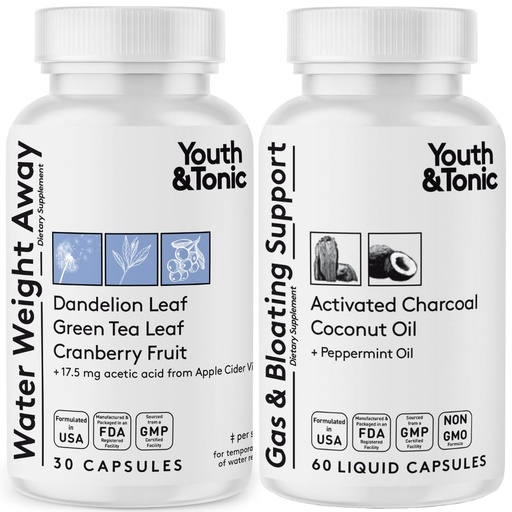 [BRSWYFARBUBWKH3U] Water Weight Away & Gas and Bloating – Diuretic & Charcoal Pills for Bloating Relief – Support for Water Retention, Swollen Legs & Digestive Bloating – Peppermint & Coconut Oil – 90 Pills