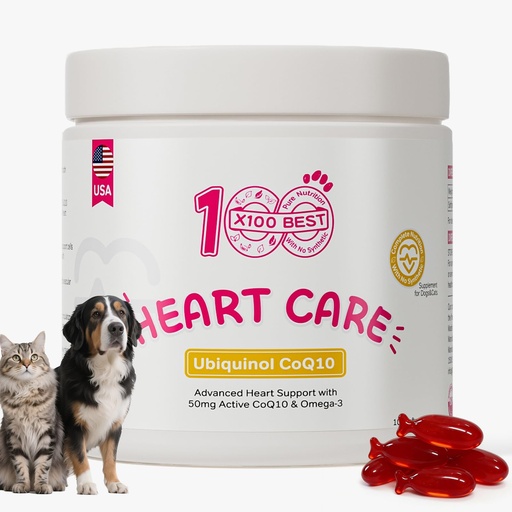 [BRSRGBQ3BMCQE3AZ] Pet Heart Supplement for Dogs & Cats – Cardiac Support with Patented Reduced CoQ10, Taurine, Omega-3 Fish Oil Senior Myocardial Nutrition & Energy Support Promotes Blood Circulation –100 gels