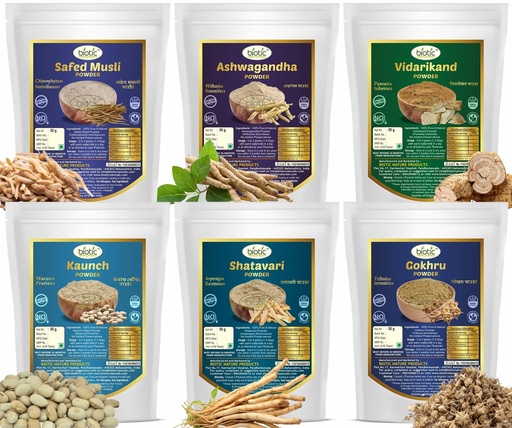 [BRSWYGIBB5YQO2DD] Biotic Safed Musli, Ashwagandha, Shatavari, Gokhru, Vidarikand & Kaunch Seed Powder - 300gms (50gms each)