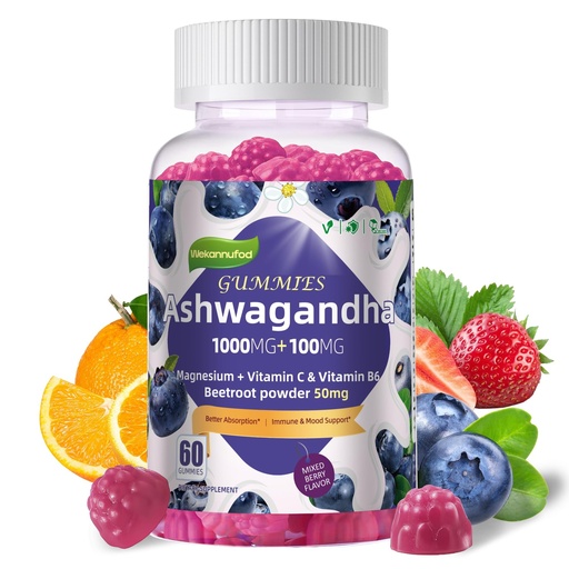 [BRSRAHA6B4CAKAL3] Wekannufod Ashwagandha Gummies 1000mg, 60 Count – Organic Root Extract, Daily Adaptogen Gummies, Non-GMO, Sugar Free & Gluten Free