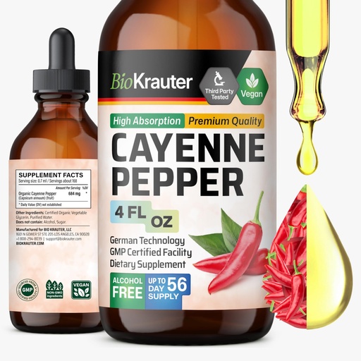 [BRSWGH34BV5BQCA7] BIO KRAUTER® Cayenne Pepper for Circulatory & Digestive Support - Pure Vegan Capsaicin Supplements - 4 Fl.Oz Cayenne Pepper Drops - Natural Capsaicin, Alcohol & Sugar Free, 56 Days of Supply