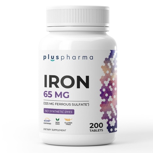 [BRSRGC37OYAR6AA7] Iron 65 mg (from 325 mg Ferrous Sulfate), 200 Tablets, High Potency Iron Supplement, Non-GMO, Gluten Free, No Synthetic Dyes