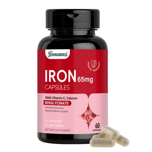 [BRSRGEIKAV4GCHL5] Iron Supplement - Iron 65mg High Absorption Iron Bisglycinate with Vitamin C, Calcium, Gentle Iron Pills for Women Men - Non GMO & Gluten Free, Stomach Friendly, 60 Capsules