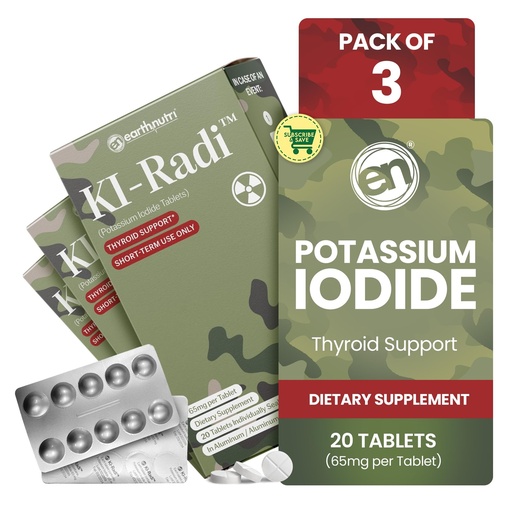 [BRSREYLRPMCAIHLP] EarthNutri KI-Radi™ Potassium Iodide KI Tablets 65 mg – High Potency Iodine for Thyroid Support, Emergency Preparedness – Potassium Supplement in Foil-Foil Blister – 60 Tablets (3 Pack of 20)