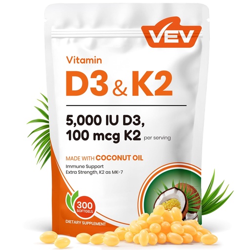 [BRSRAHYHAAAWMD3X] VEV Corefeel Vitamin D3 K2, 5000 IU D3 100mcg K2 (MK 7), 300 Softgels, 2-in-1 Vitamin D & K Supplement with Coconut Oil, Supports Calcium Absorption and Bone Health, Easy to Swallow
