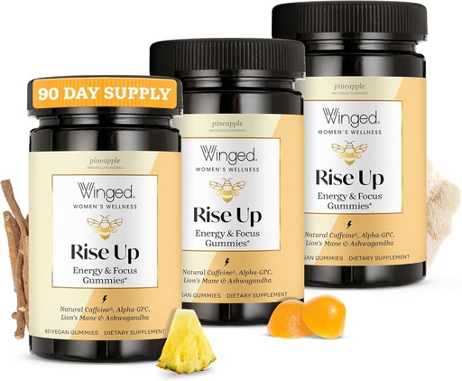 [BRSW2FDYB54BMGTP] Winged Wellness Rise Up, Energy & Focus Gummies for Women - Daily Brain Boost Gummy Supplement with Natural Caffeine, Ashwagandha, B12, Nootropics Alpha-GPC & Lion’s Mane - Pineapple, 180 Gummies