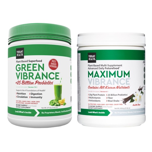 [BRSROZINAQIWMGTX] Vibrant Health, Green Vibrance (60 Servings) and Maximum Vibrance (15 Servings) Bundle, Vegan Superfood Supplements, Vanilla Bean