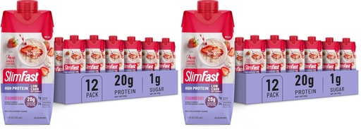 [BRSRGGQKOIFGGYD4] SlimFast Protein Shake,Strawberry- 20g Protein,Meal Replacement Shake Ready to Drink,High-Protein with Low Carb and Low Sugar,24 Vitamins and Minerals,(Packaging May Vary),(Pack of 24)