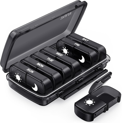 [BRSRA2T7AUNQO3Q7] PULIV Weekly Pill Organizer 7 Day 2 Times a Day, Black Damp-Proof AM Pill Box 7 Day, Pill Case with Portable Design, Large Medicine Organizer for Vitamins, Medications, Fish Oils, supplements