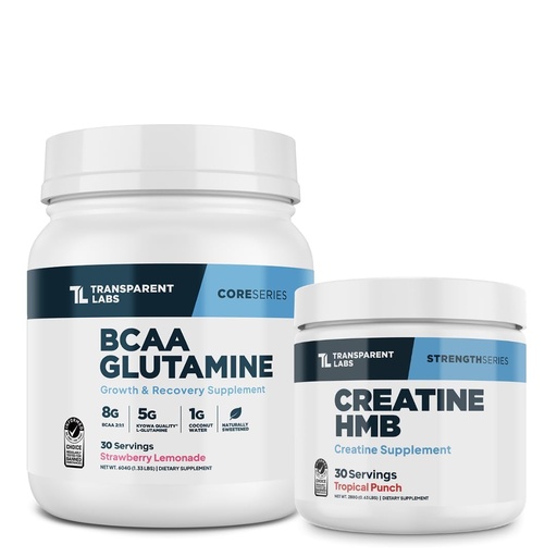 [BRSRE2YODF5RGDY7] Transparent Labs BCAA Glutamine Powder (30 Servings, Strawberry Lemonade) & Creatine HMB (30 Servings, Tropical Punch)