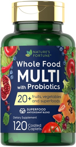 [BRSRAEA7DMBBODIU] Nature's Fortune Whole Food Multivitamin with Probiotics | 120 Coated Caplets | Made with 20 Fruits and Vegetables | Non-GMO & Gluten Free Supplement