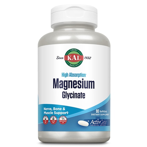 [BRSRMZI5O5YRUG3L] KAL Magnesium Glycinate ActivGels 315mg, High Absorption Magnesium Supplement for Muscle, Nerve & Bone Health Support, Non-GMO, Gluten Free, 30 Servings, 90 Softgels