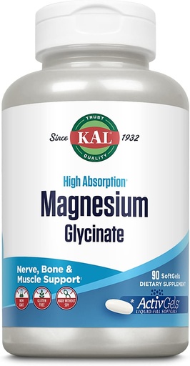[BRSRMZI5O5YRUG3L] KAL Magnesium Glycinate ActivGels 315mg, High Absorption Magnesium Supplement for Muscle, Nerve & Bone Health Support, Non-GMO, Gluten Free, 30 Servings, 90 Softgels
