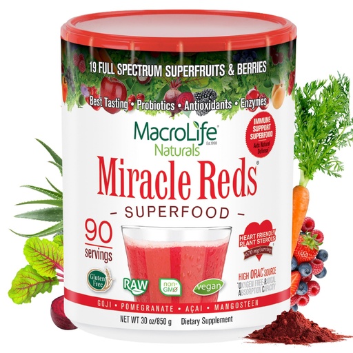 [BRSWIYQQOABRM3LI] MacroLife Naturals Miracle Reds Superfood Powder 19 Blended Fruit & Berry Polyphenols Enzymes Probiotics & Antioxidants Supplement - Raw Non-GMO & Vegan Whole Food Vitamins - 30oz - 90 Servings
