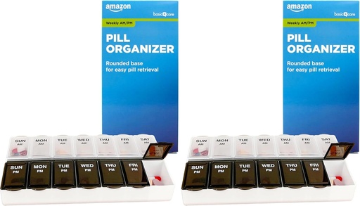 [BRSRAY35DIORAYD5]   Basic Care (7-Day) AM/PM Pill Organizer, Vitamin Case, and Medicine Box, Large Compartments, 2 Times a Day, Black and Clear Lids (Pack of 2)