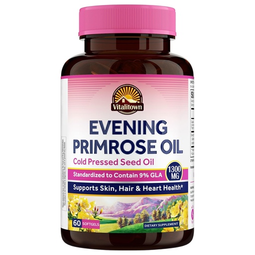 [BRSRABLRCABRS3L7] Vitalitown Evening Primrose Oil 1300mg, Cold-Pressed Seed Oil, Standardized 9% GLA (Gamma-Linolenic Acid), Healthy Skin & Hormonal Balance for Women, Non GMO, 60 Softgels
